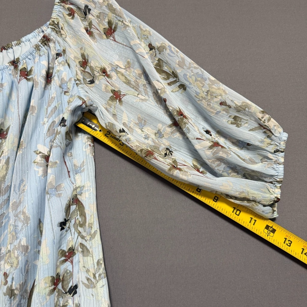 WHBM Cottagecore Off Shoulder Chiffon Floral Blouse M Light Blue Lurex Shimmer - Picture 6 of 11